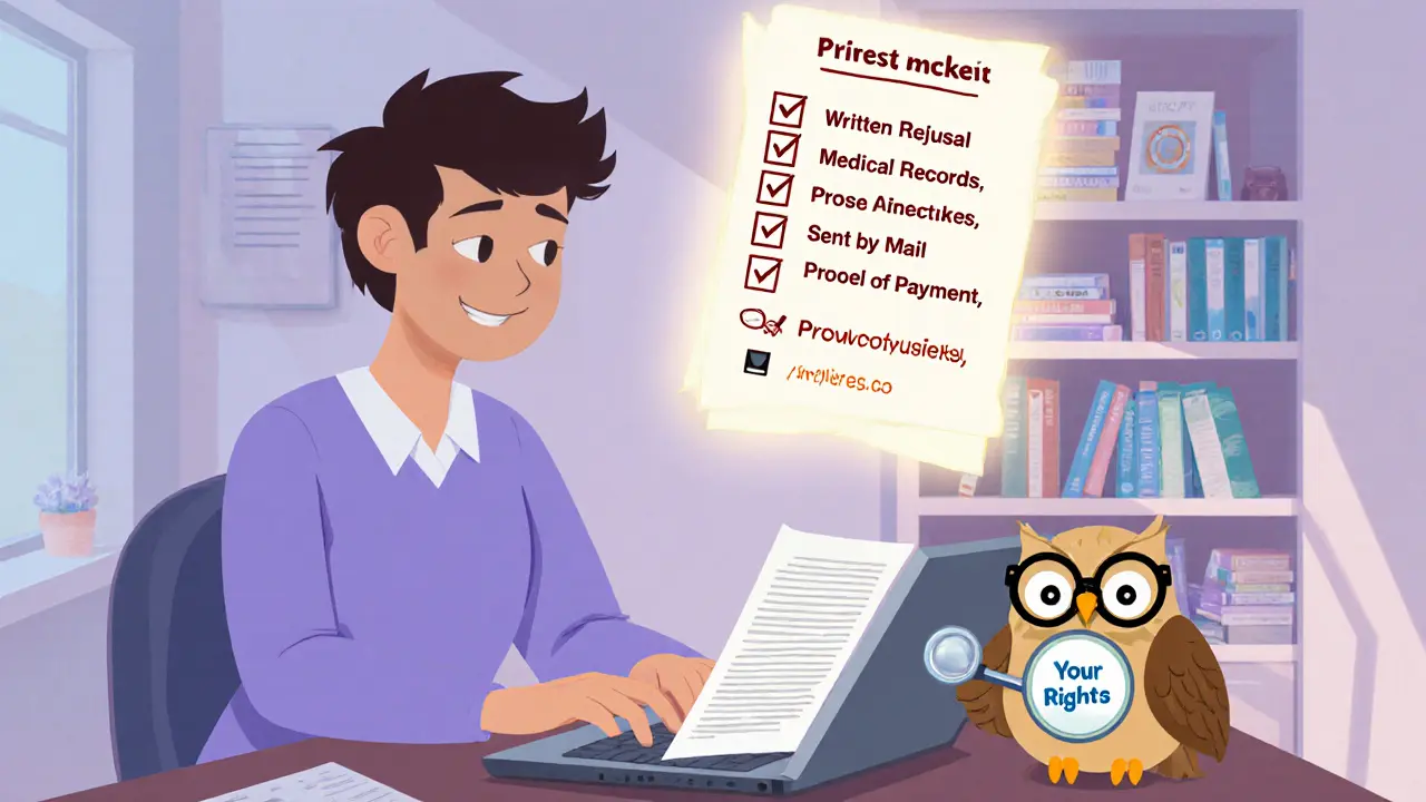 Пациент пишет претензию, рядом — сова с лупой и чек-листом прав потребителя.