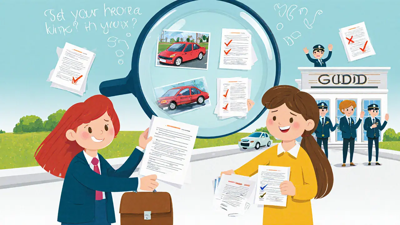 Помощник помогает водителю заполнить бумаги после аварии под увеличительным стеклом.