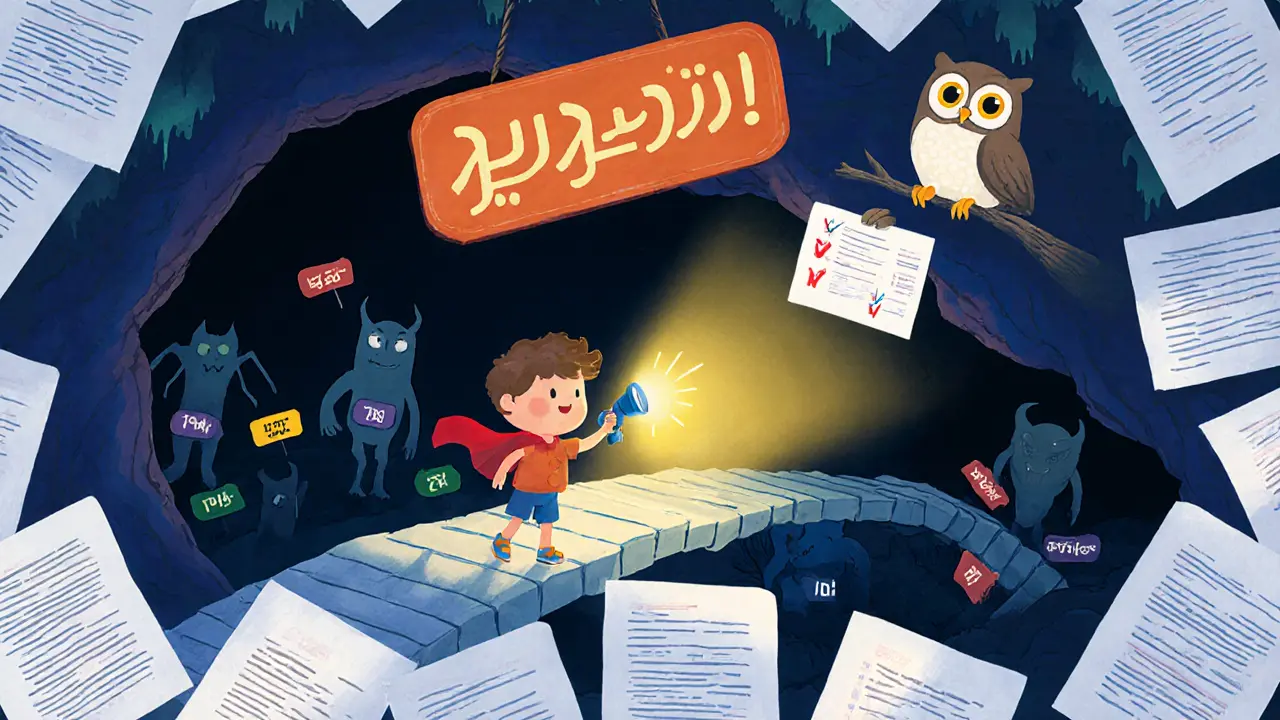 Ребёнок освещает тёмную пещеру скрытых условий страхования фонариком с чек-листом.