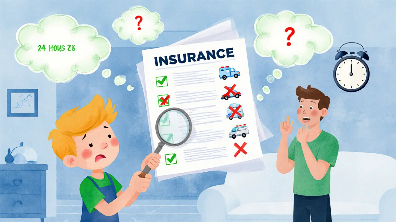 Ребёнок с лупой изучает полис ДМС, над ним — покрытые и непокрытые услуги, взрослый смотрит на часы.