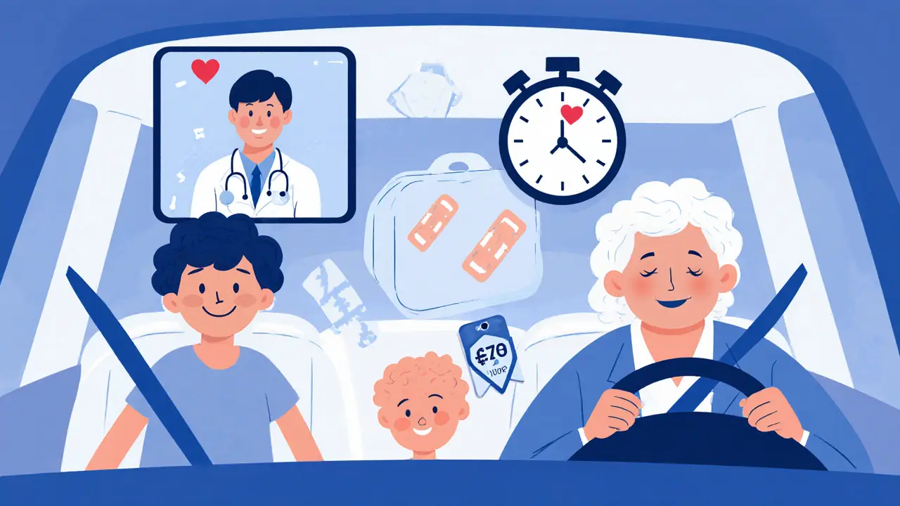 Семья получает онлайн-консультацию врача через телефон после ДТП.