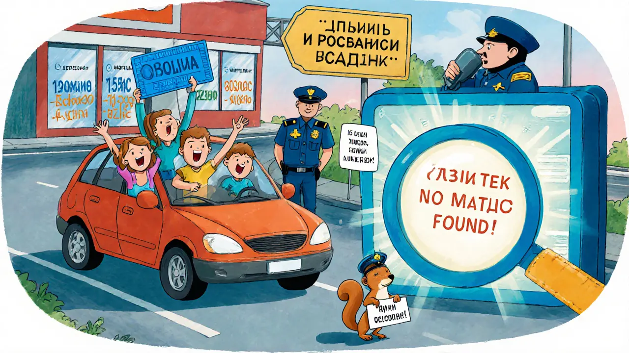 Семья с синей картой у границы, полицейский показывает на экран &#039;Нет совпадений&#039;, рядом — магазин с полисами.