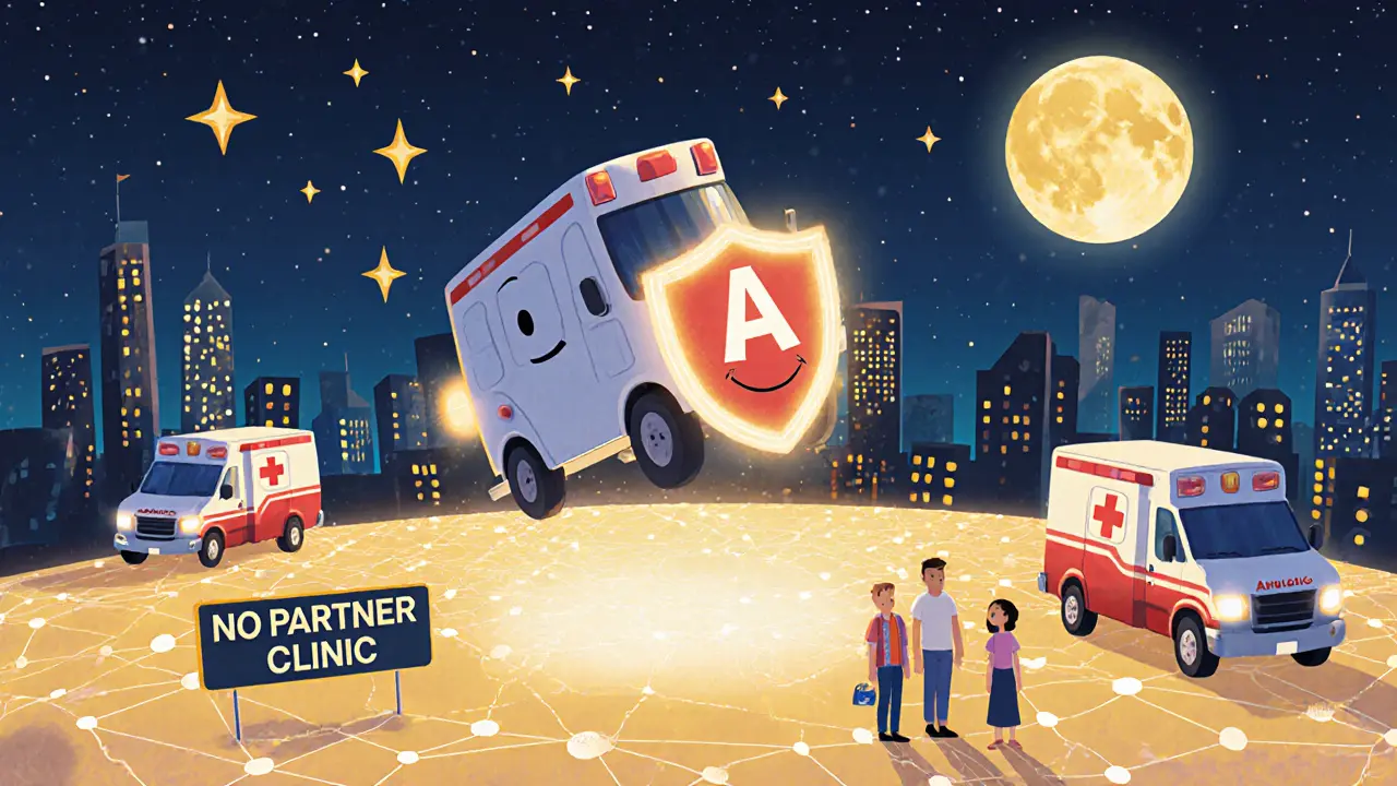 Смешная скорая помощь с гарантийным письмом приземляется в маленькой клинике, карта показывает связанные города.