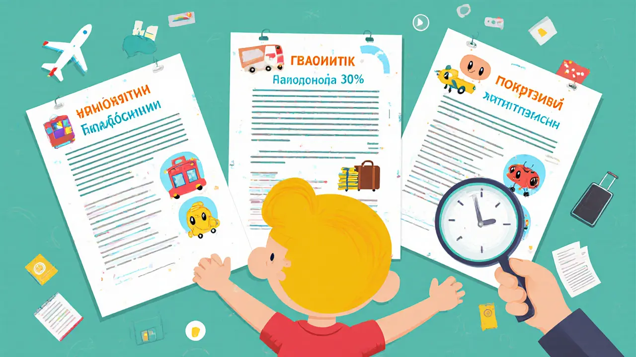 Три страховых полиса на столе с разными символами и характеристиками, сравниваемые ребёнком с лупой.