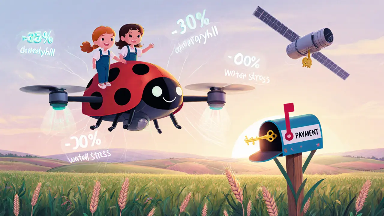 Дети на дроне-бабочке летят над полями, где в воздухе плавают цифры здоровья растений и падает золотой ключ выплаты.