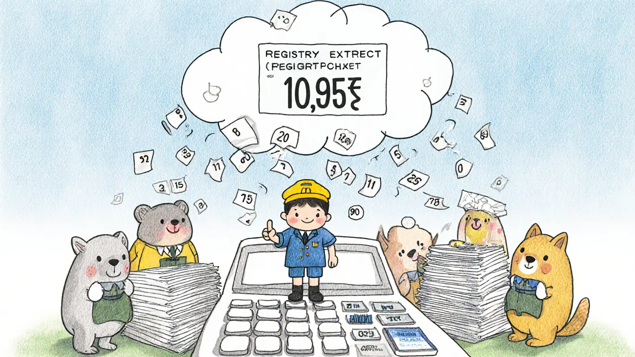 Маленький водитель считает стоимость ОСАГО на гигантском калькуляторе, рядом лежат документы.