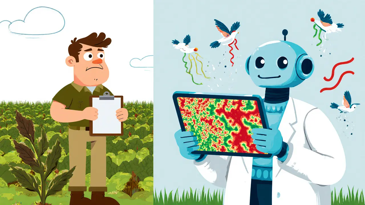Робот показывает фермеру цифровую карту здоровья растений, в то время как инспектор смотрит в недоумении.