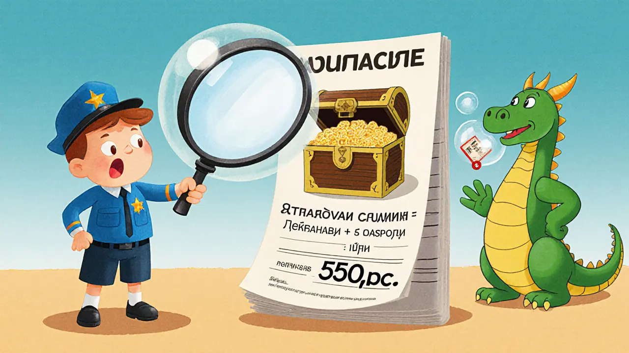 Таможенник с лупой смотрит на ярлык с сокровищем, позади — человек, прячущий фальшивую цену, над всем этим — защитный пузырь.