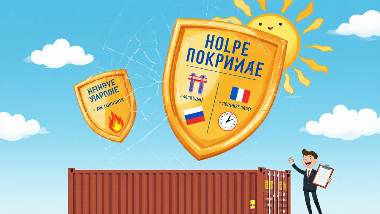 Три щита страхования: маленький, средний и большой с иконками таможни, флагов и часов, над ними солнце.