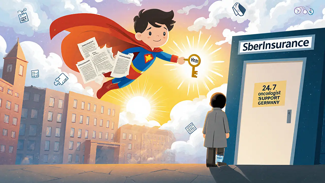 Мальчик-супергерой летит к международной клинике с ключом от поддержки онкологов, внизу — закрытая дверь с ограниченным полисом.
