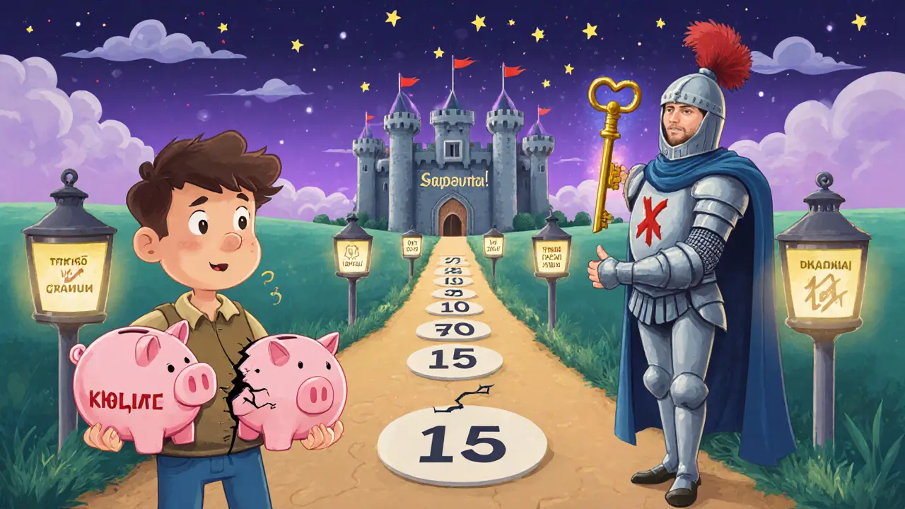 Мужчина получает ключ от замка НСЖ от рыцаря, путь отмечен вехами и фонарями защиты.