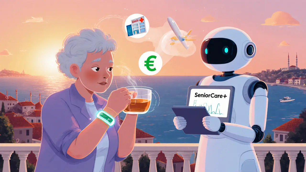 Пожилая женщина в Турции с умным браслетом, передающим данные роботу-врачу на закате.