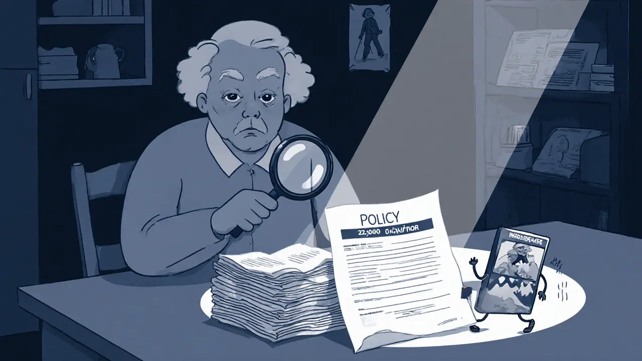 Пожилой мужчина смотрит на дорогой полис страховки, рядом — календарь с годом 2025 и фото прогулки.