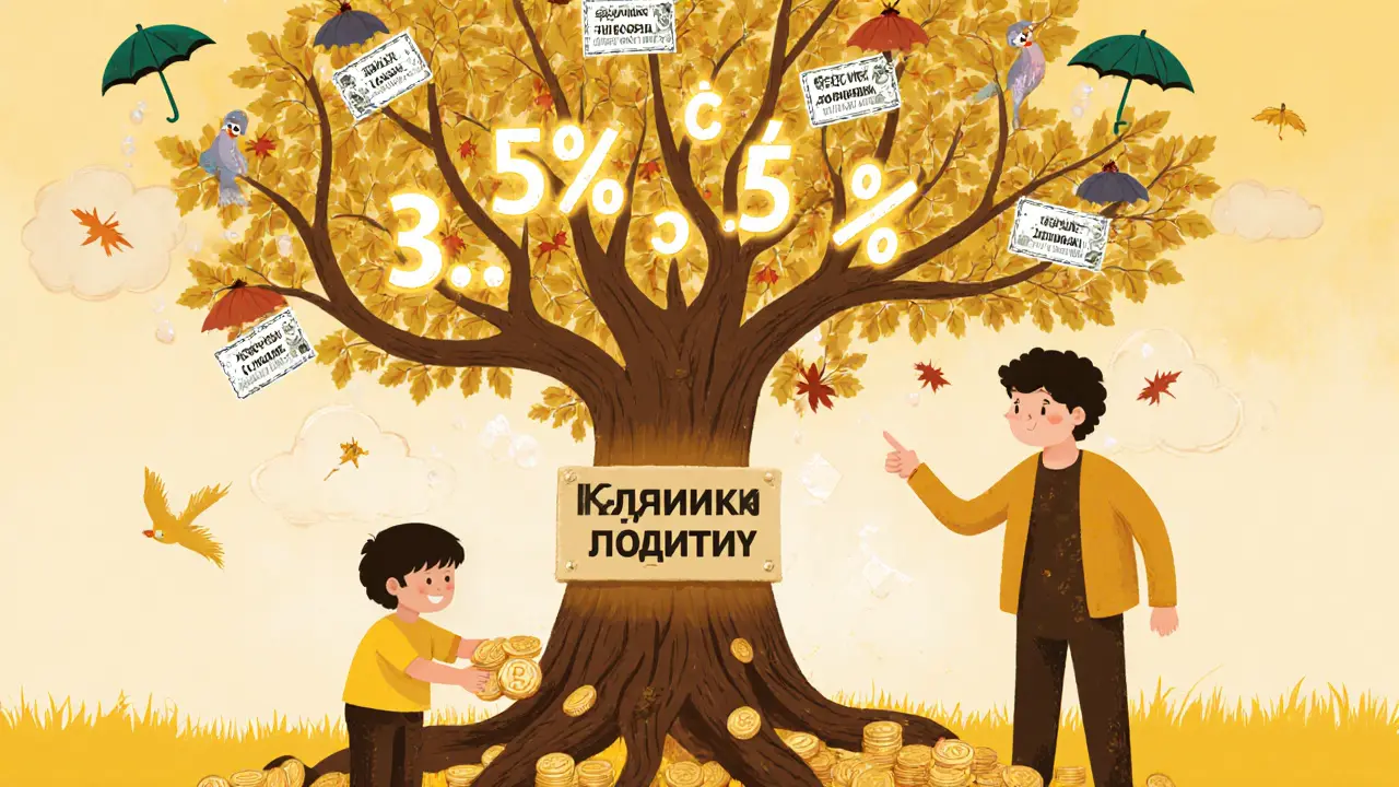 Ребёнок кидает монеты в дерево НСЖ, ветви растут с цифрами доходности и зонтиками от инфляции.