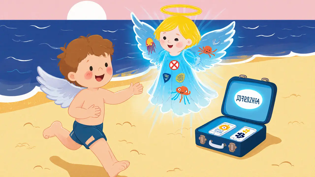 Ребёнок на пляже под защитой волшебного медицинского ангела.