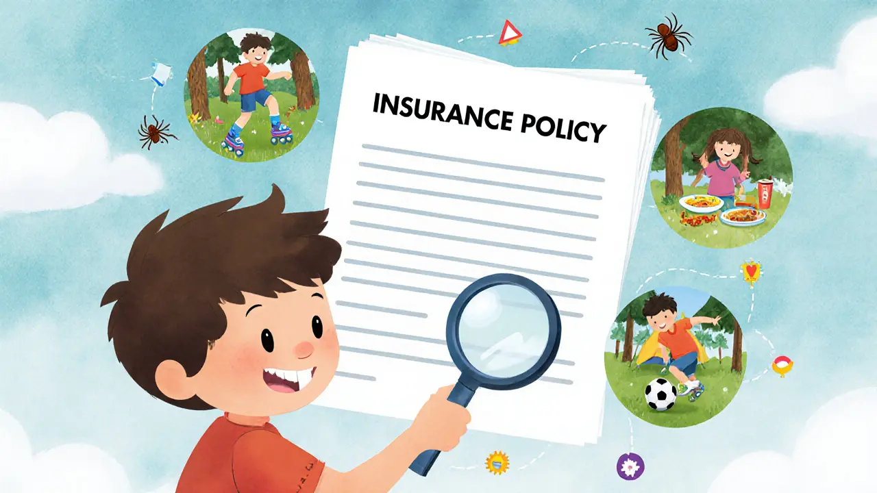 Ребёнок с лупой изучает документ с картинками травм и активностей.