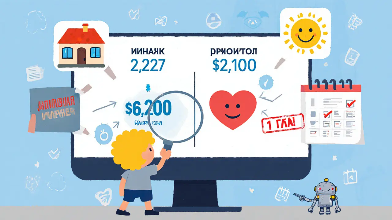 Ребёнок сравнивает цены на страховку через экран, один вариант дешевле, другой дороже, рядом лежат значки рисков и календарь.