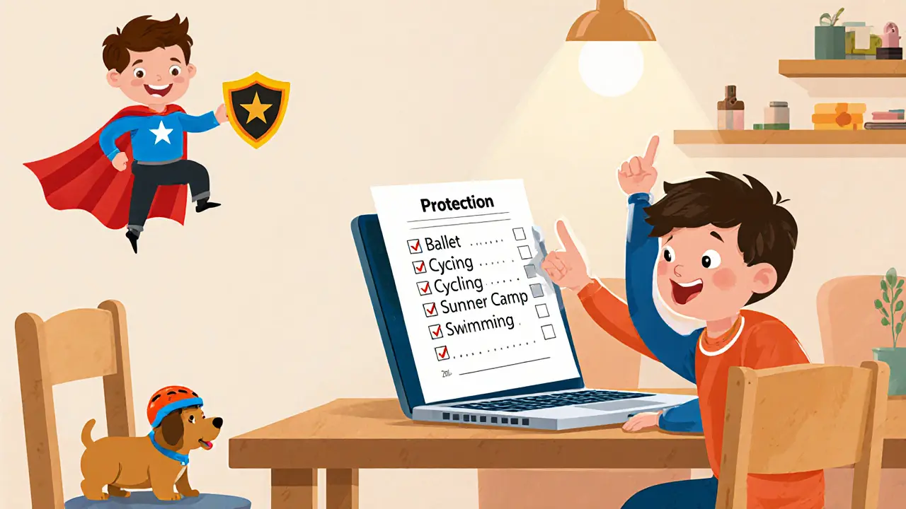 Семья оформляет страховку за компьютером, рядом — список активностей и сказочный агент.