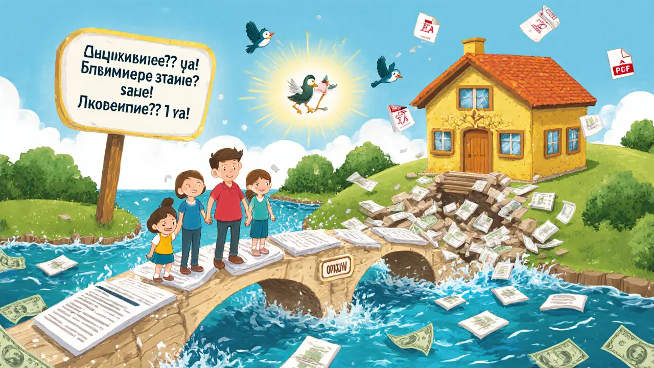 Семья переходит по мосту из полисов к безопасному дому, позади — рушащийся мост с штрафами, над головой — надпись о снижении ставки.