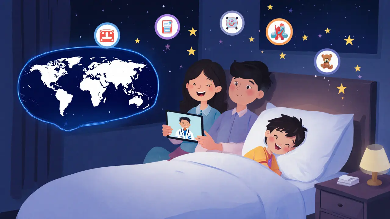 Семья разговаривает с педиатром по видеосвязи, ребёнок спит.