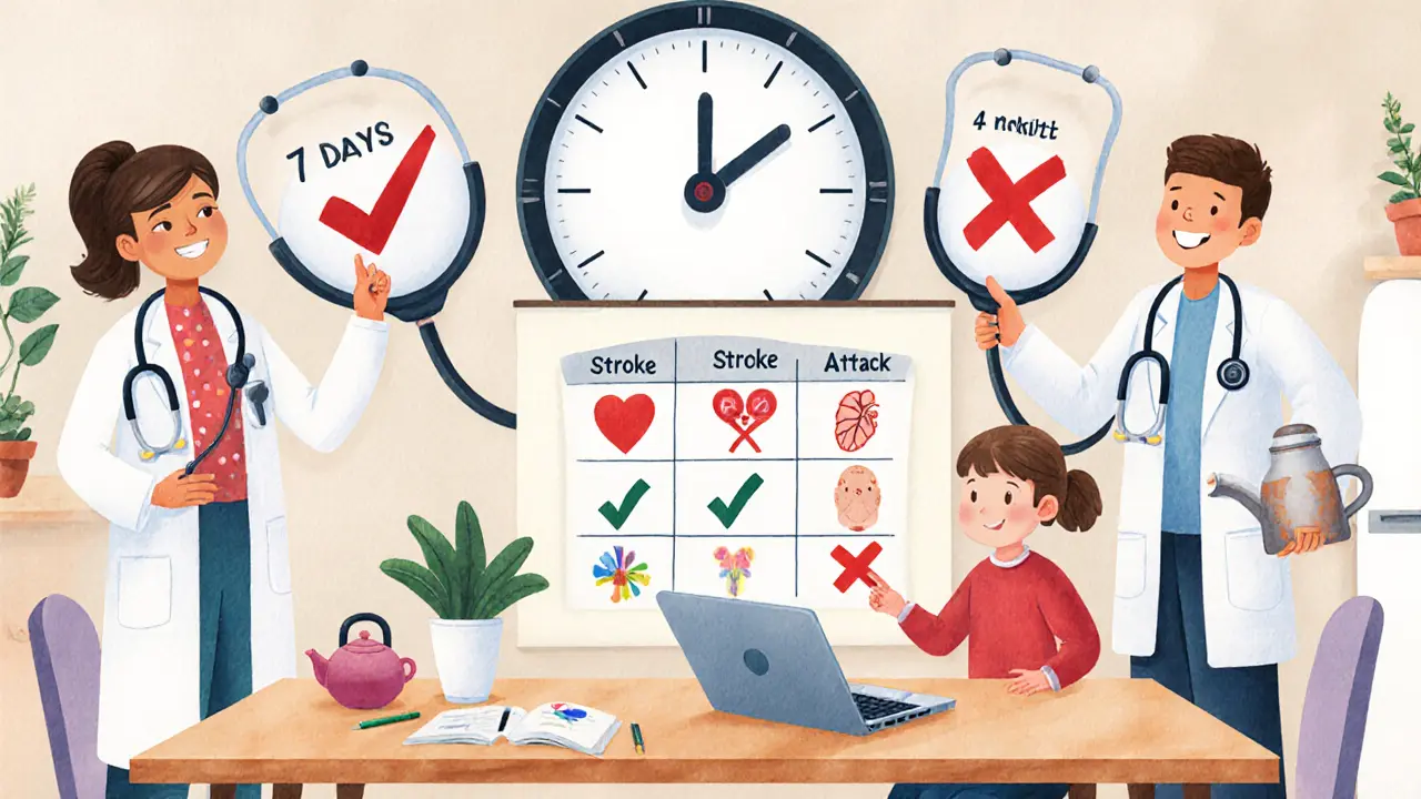 Семья за столом смотрит на сравнение страховых полисов, над ними часы с разницей в сроках выплат.