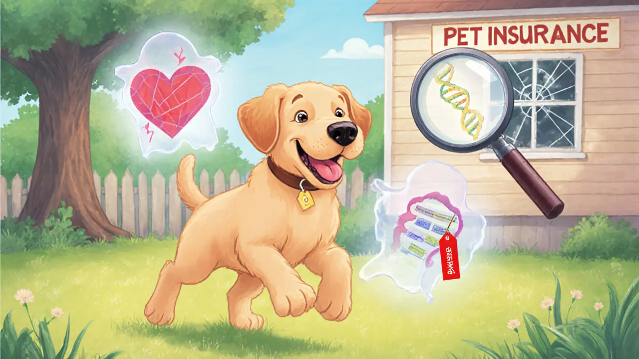 Щенок лабрадора играет, но вокруг него видны прозрачные признаки генетических заболеваний.