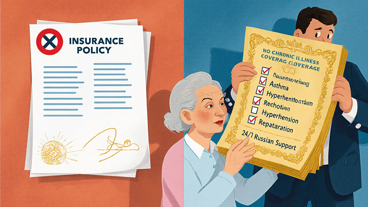Сравнение дешёвой страховки с крестом и надёжной с галочками — пожилая женщина держит правильный полис.