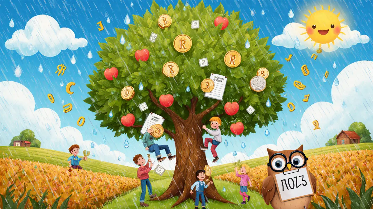 Волшебное дерево с листьями-монетами и плодами-полисами, фермеры собирают страховку, сова с очками держит клипборд.