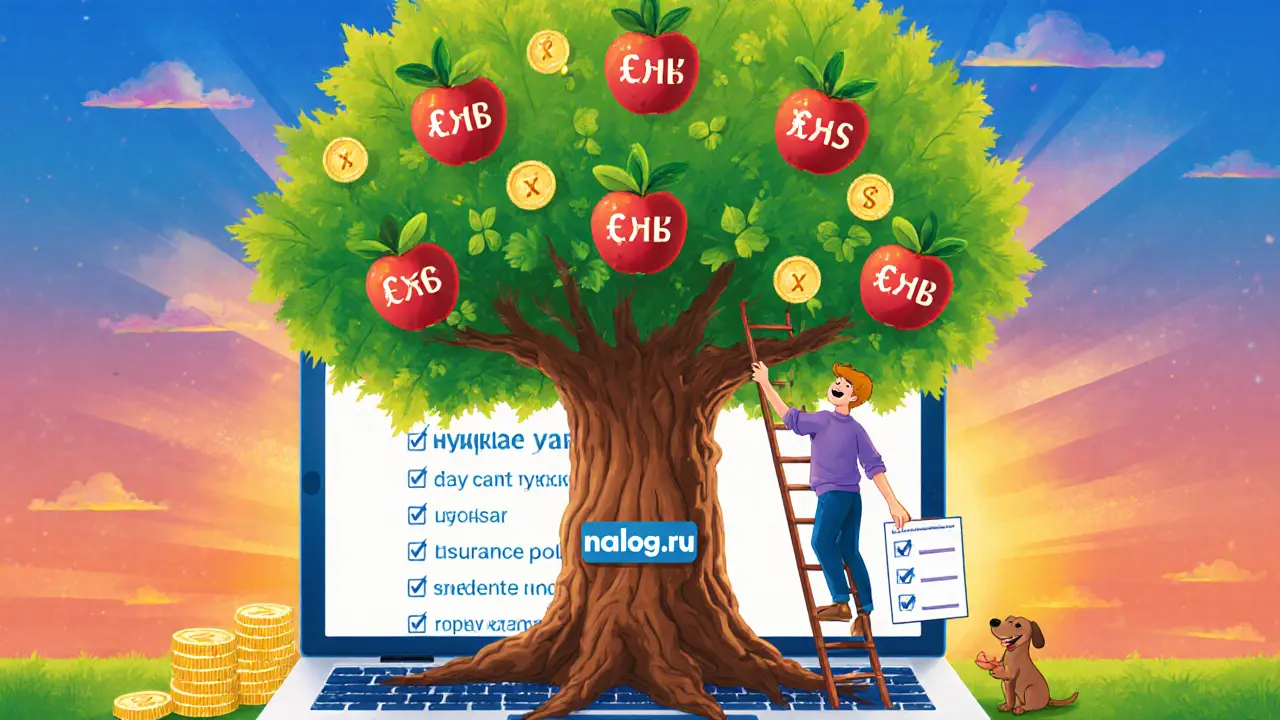 Дерево денег растёт из ноутбука с сайтом ФНС, человек собирает монеты-листья.