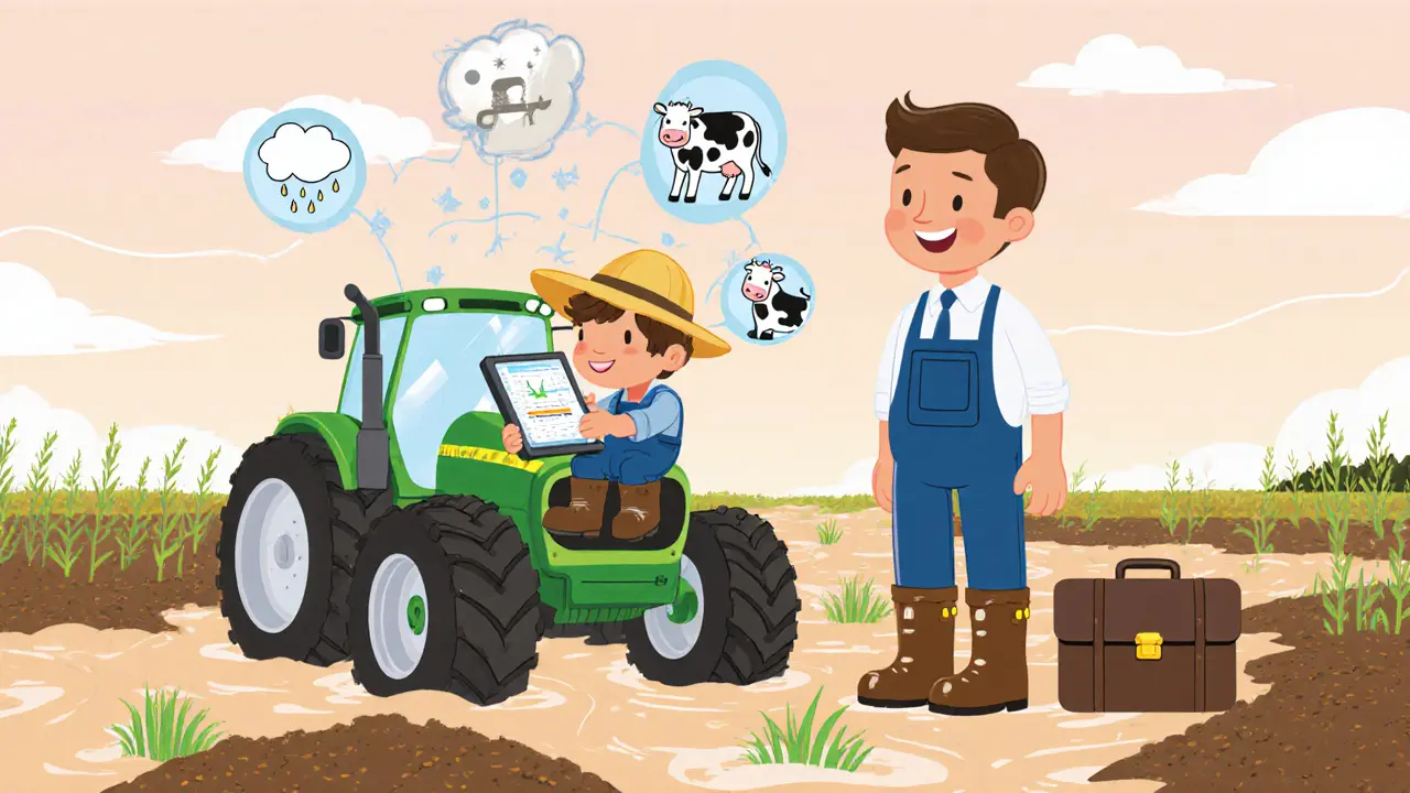 Фермер отправляет данные с поля через планшет, рядом — агент с чемоданом в форме сарая, вокруг — символы рисков.