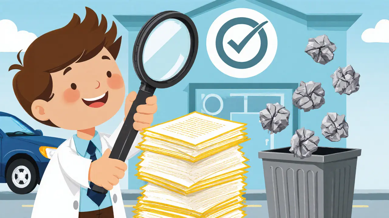 Инспектор с лупой проверяет оригиналы документов, копии превращаются в мусор, машина с повреждённой фарой смотрит в сторону.