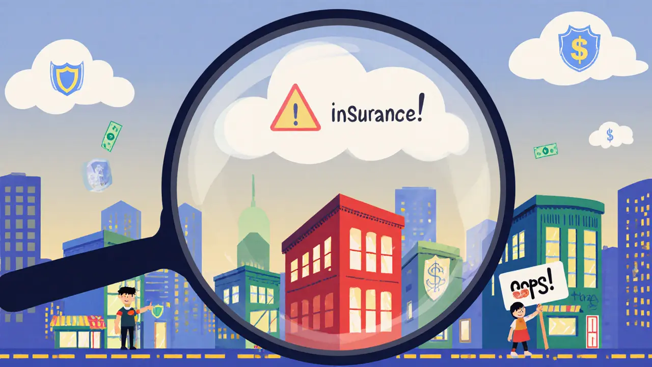 Лупа показывает, что только один бизнес без страховки — остальные защищены, ребёнок указывает на ошибку.