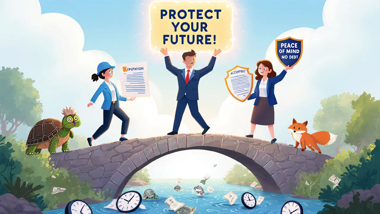 Профессионалы переходят мост из договоров, защищенные щитами с надписями: репутация, спокойствие, долг.