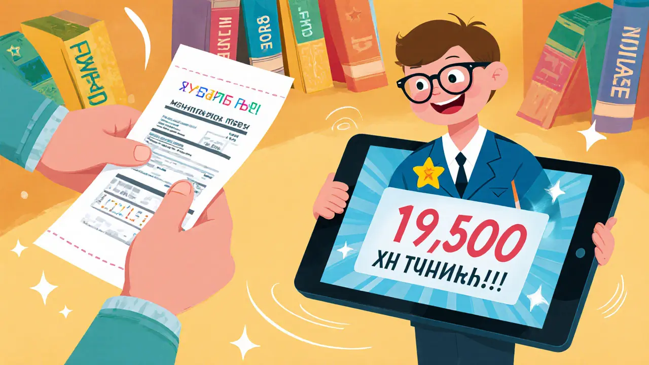 Ребёнок передаёт чек сотруднику налоговой, на экране — возврат 19 500 рублей.