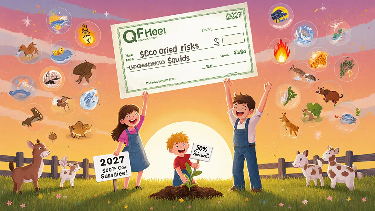 Семья фермеров празднует чеком над полем, вокруг — иконки всех покрываемых рисков, ребёнок сажает семя.