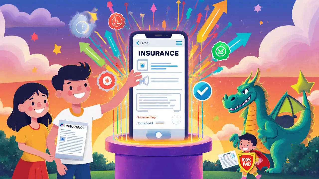 Смартфон отправляется в портал страховой компании, цифровые значки летят в небо, дракон с щитом побеждён героем с договором.