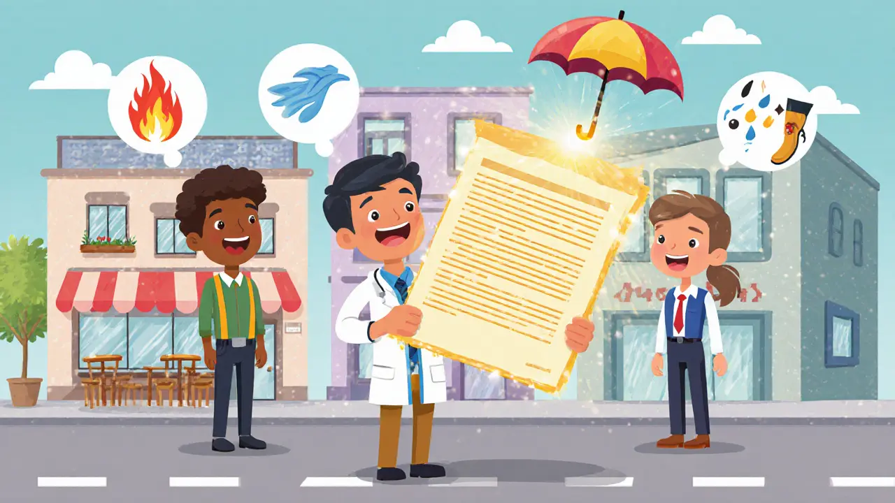 Страховой агент дарит полисы трем бизнесменам, а их здания защищены волшебными зонтами от опасностей.