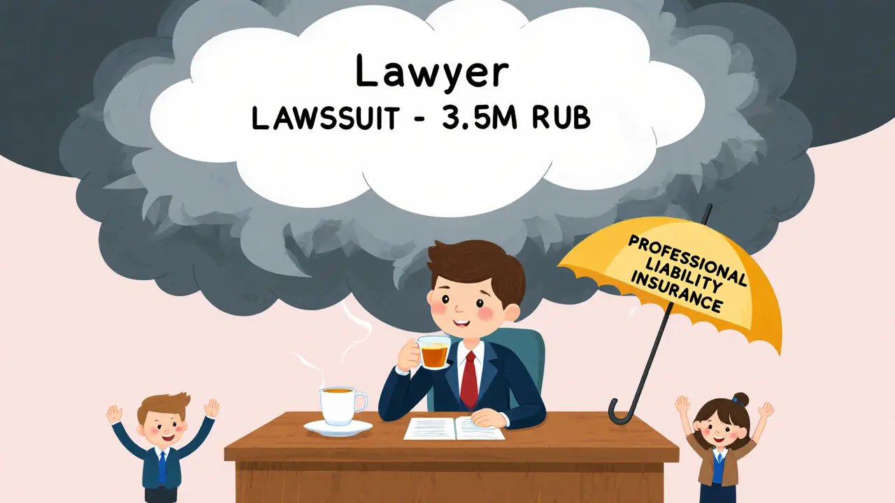 Юрист спокойно пьет чай под зонтом страхования, а над ним — тучка с иском, но он не тронут.