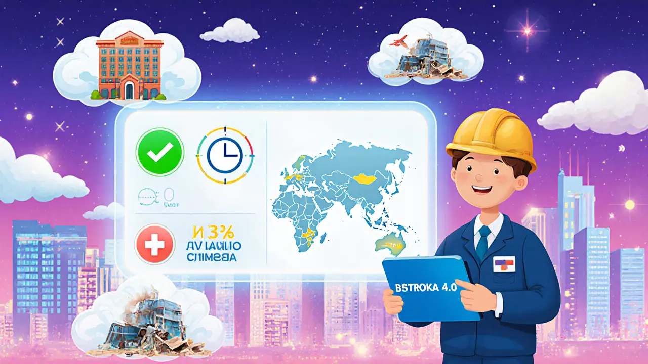 Инженер нажимает на планшет с цифровым полисом, вокруг — иконки страхования и карта застрахованных объектов по России.