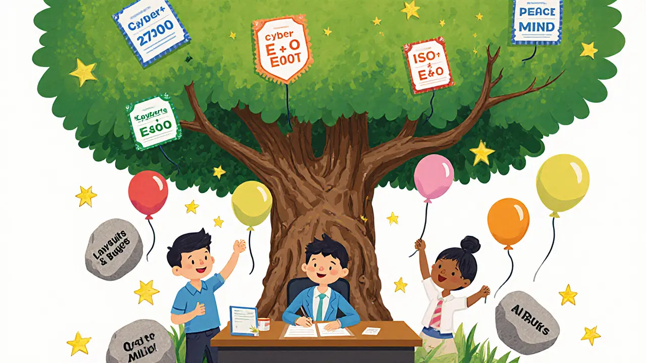 Команда подписывает полис, а из их стола растет дерево с листьями-гарантиями безопасности и спокойствия.