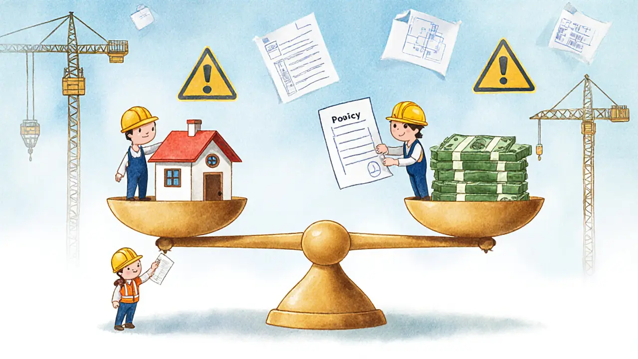 Весы балансируют дом и деньги, строитель и архитектор кладут полис страхования, чтобы сохранить безопасность.