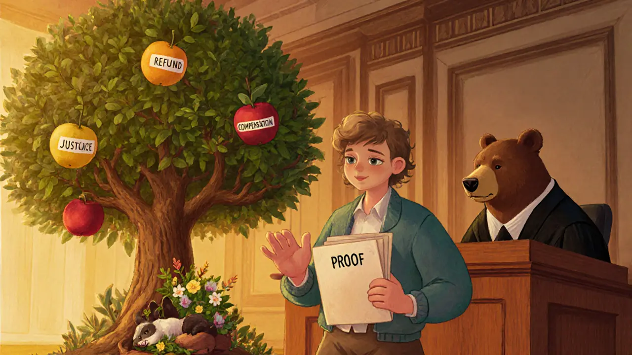 Владелец в суде с питомцем, судья-медведь одобряет справедливость.