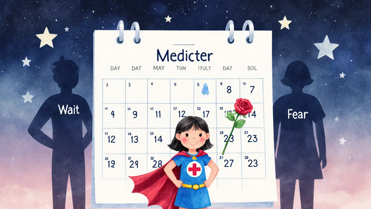 Девочка в плаще из медицинского листа стоит у календаря, на 121-й день расцветает роза.