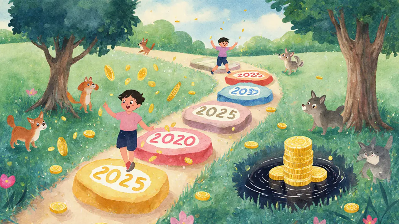 Маленький человек идёт по волшебной дорожке с шагами через пять лет, золотые монеты падают вокруг.