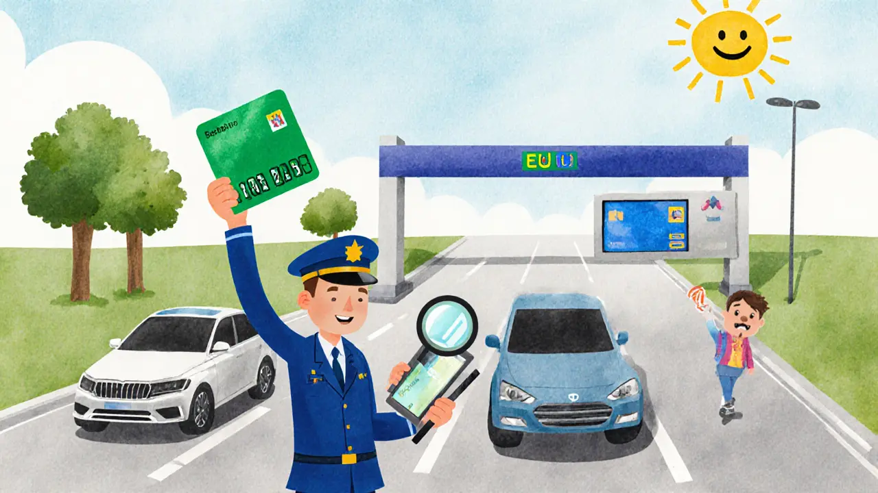 Пограничник проверяет подлинность зелёной карты на планшете, машина с синей картой проезжает, другая — возвращается.