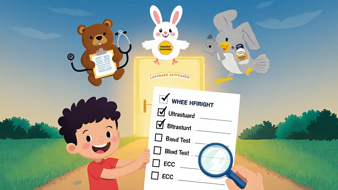 Ребёнок проверяет список обследований, рядом с ним дружелюбные животные с медицинскими атрибутами.