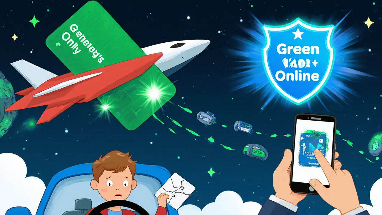 Суперзелёная карта летит по небу, рядом — цифровая синяя карта и приложение на телефоне, звёзды в виде шин.
