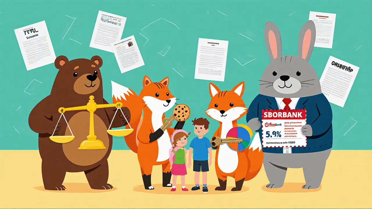 Четыре животных-банка предлагают разные условия ипотеки семье с ключом от дома.