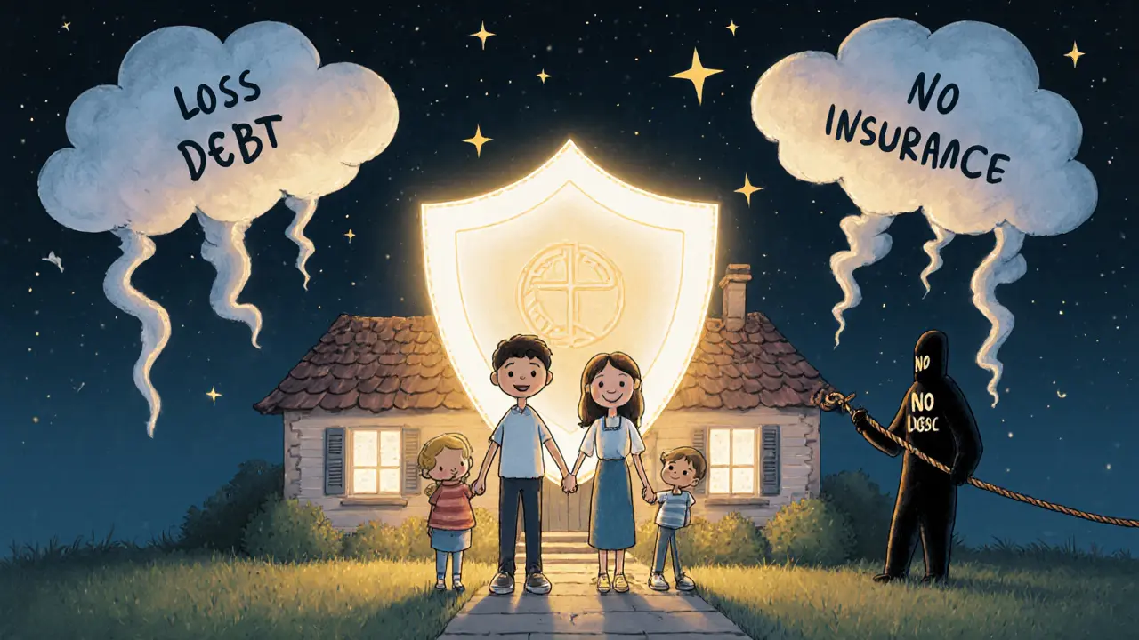 Семья под защитой сияющего щита от туч с долгом, тень пытается утащить дом.