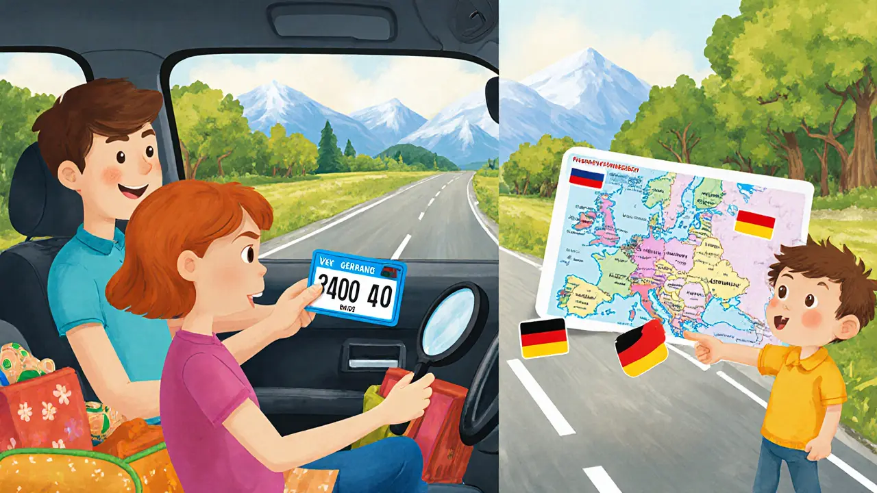 Семья проверяет номер машины и страховки перед поездкой в Европу.